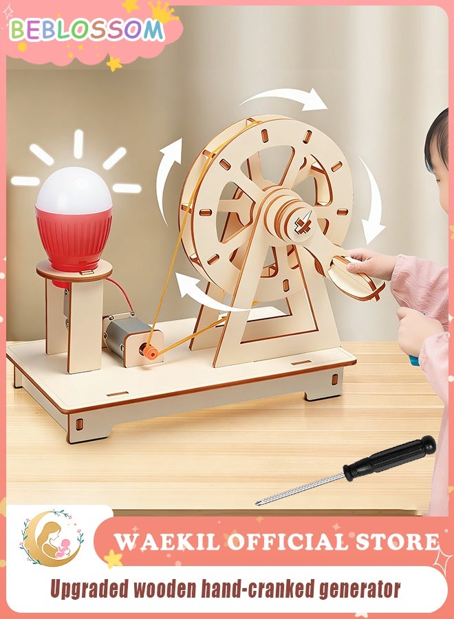 BEBLOSSOM Wooden hand-crank generator – upgrade science experiment kit manual generator toy with light bulb, physics assembly toy for children aged 6-14, interactive electricity learning kit - Image 1